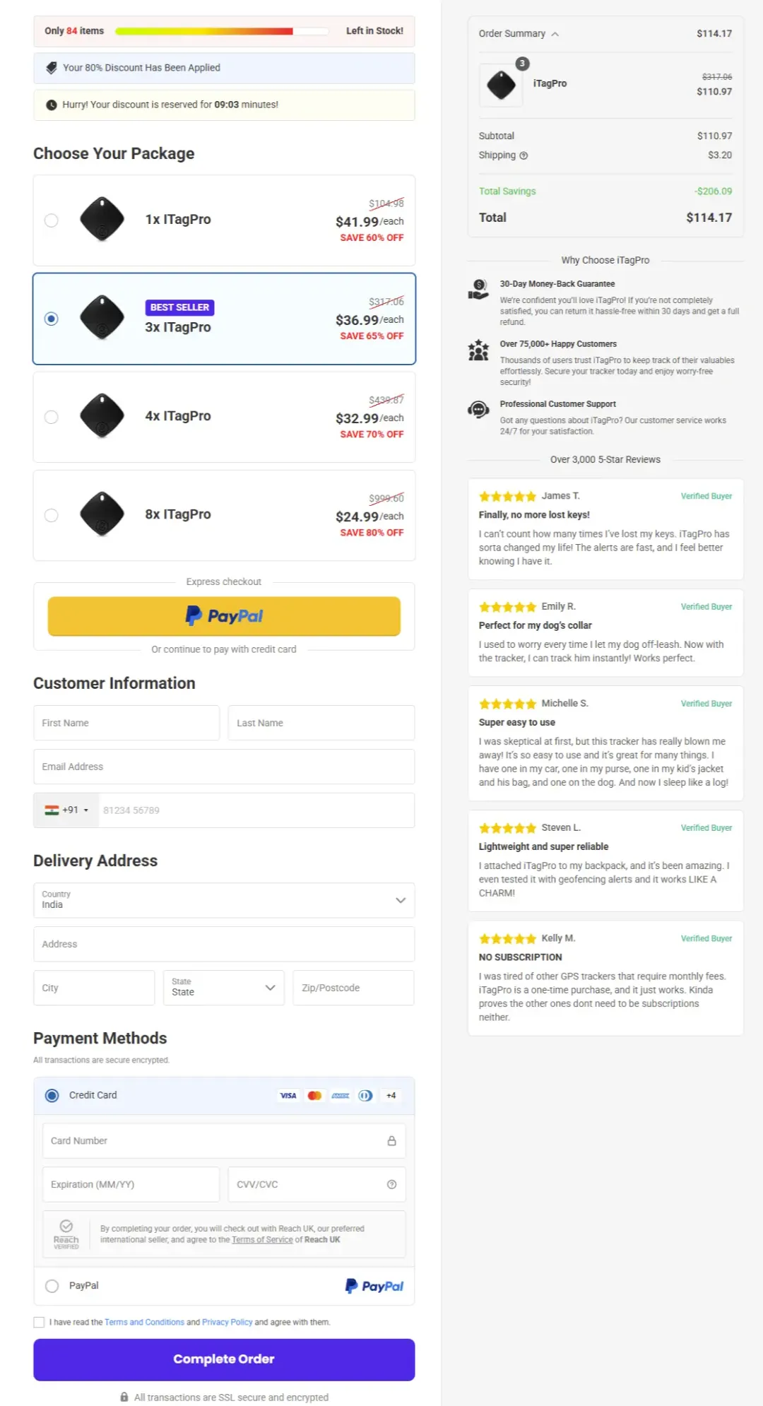 iTag Pro Tracker secure checkout page